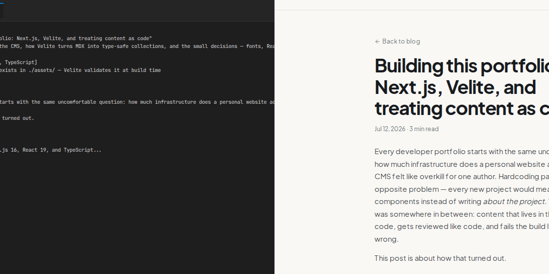 Cover image for Building this portfolio: Next.js, Velite, and treating content as code
