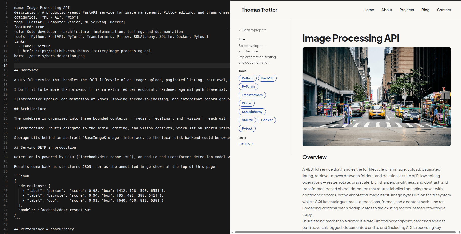 An MDX project file beside the page it renders — content and output side by side