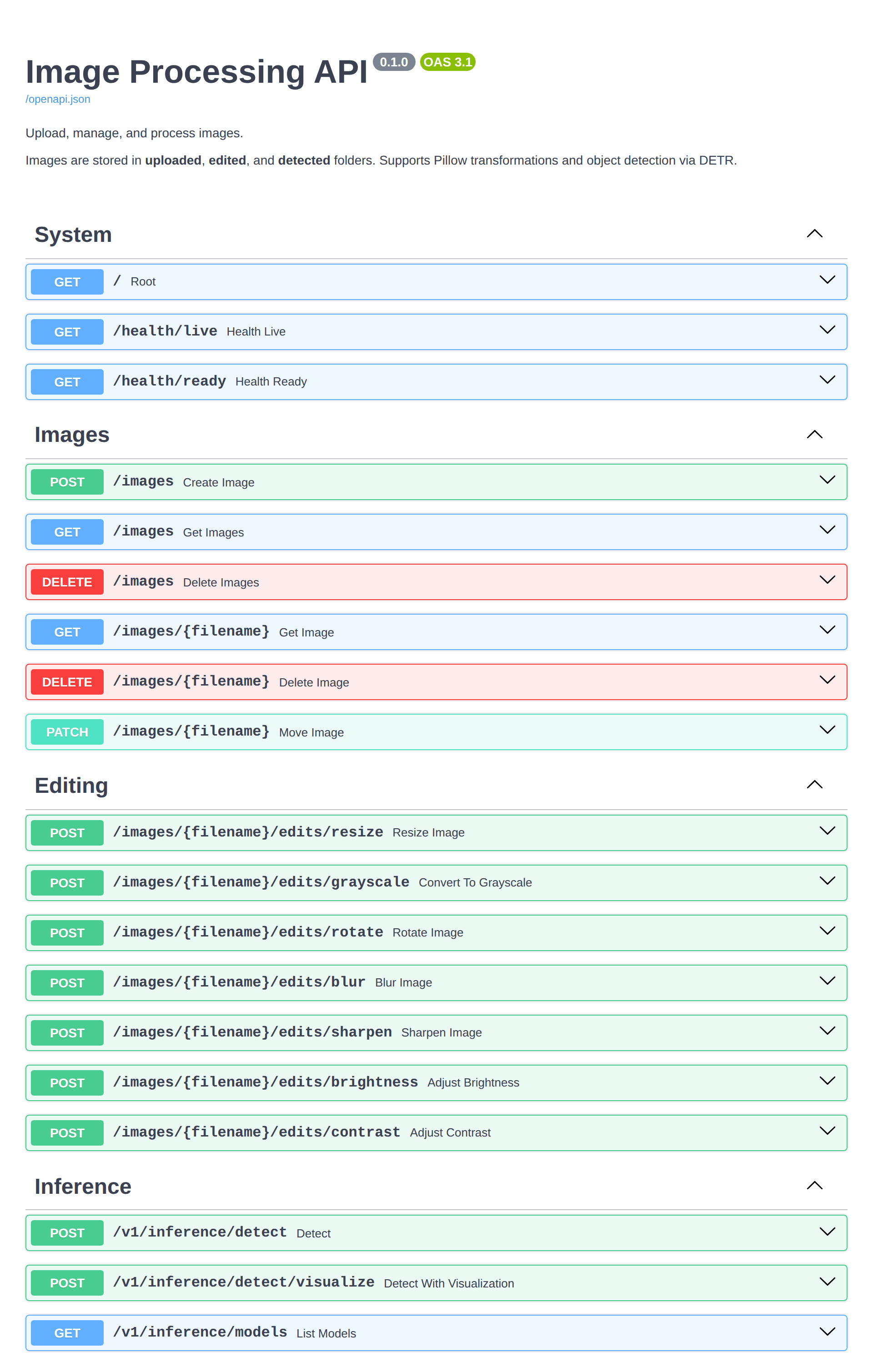 Interactive OpenAPI documentation at /docs, showing the media, editing, and vision endpoint groups