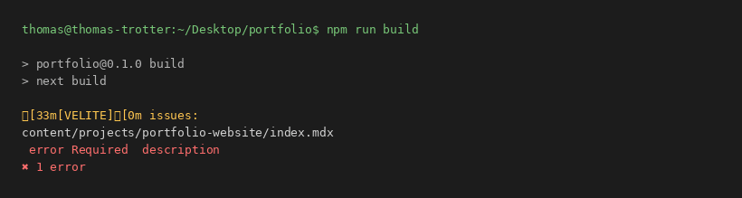 Velite failing the build with a precise validation error for a broken frontmatter field